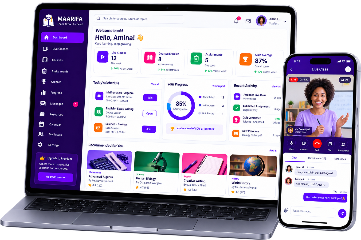 MAARIFA learning platform on mobile devices